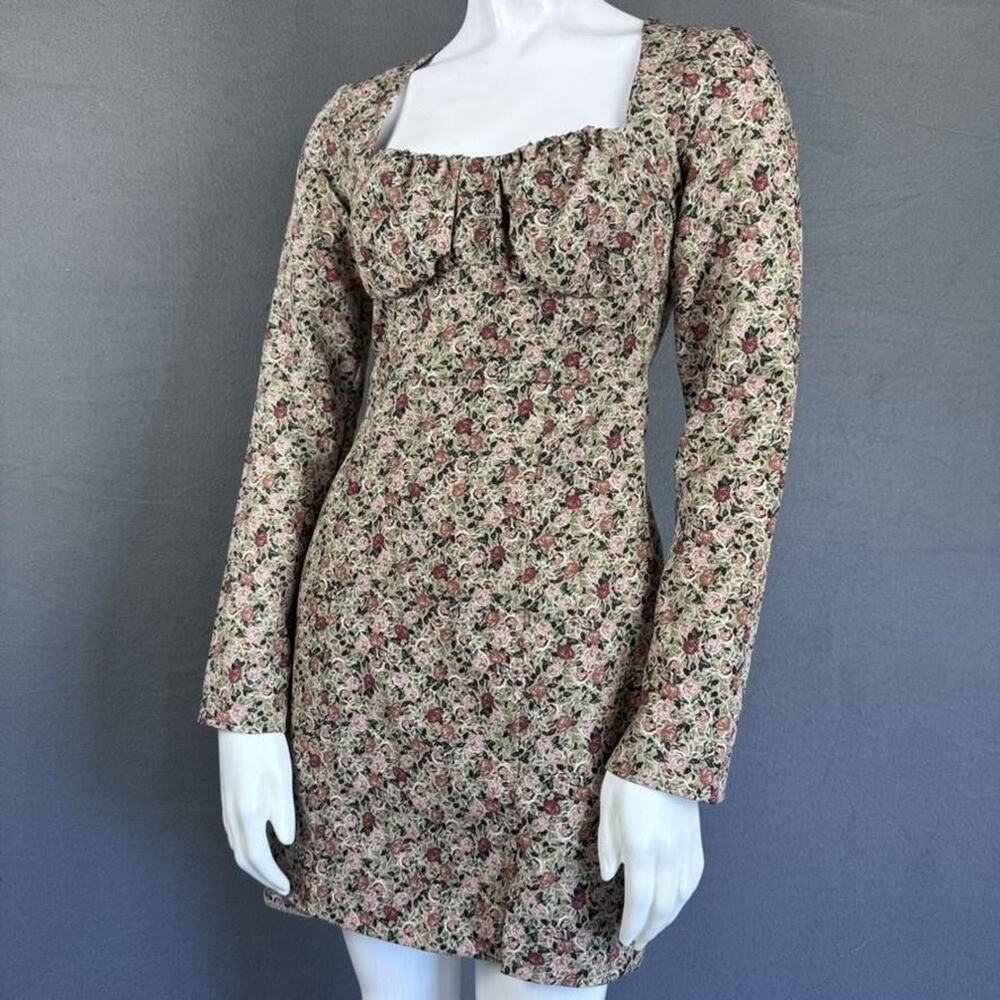 ZARA Dress Womens XS Floral Rose Print Long Sleeve Square Neck Mini‎ Bodycon - Picture 3 of 16